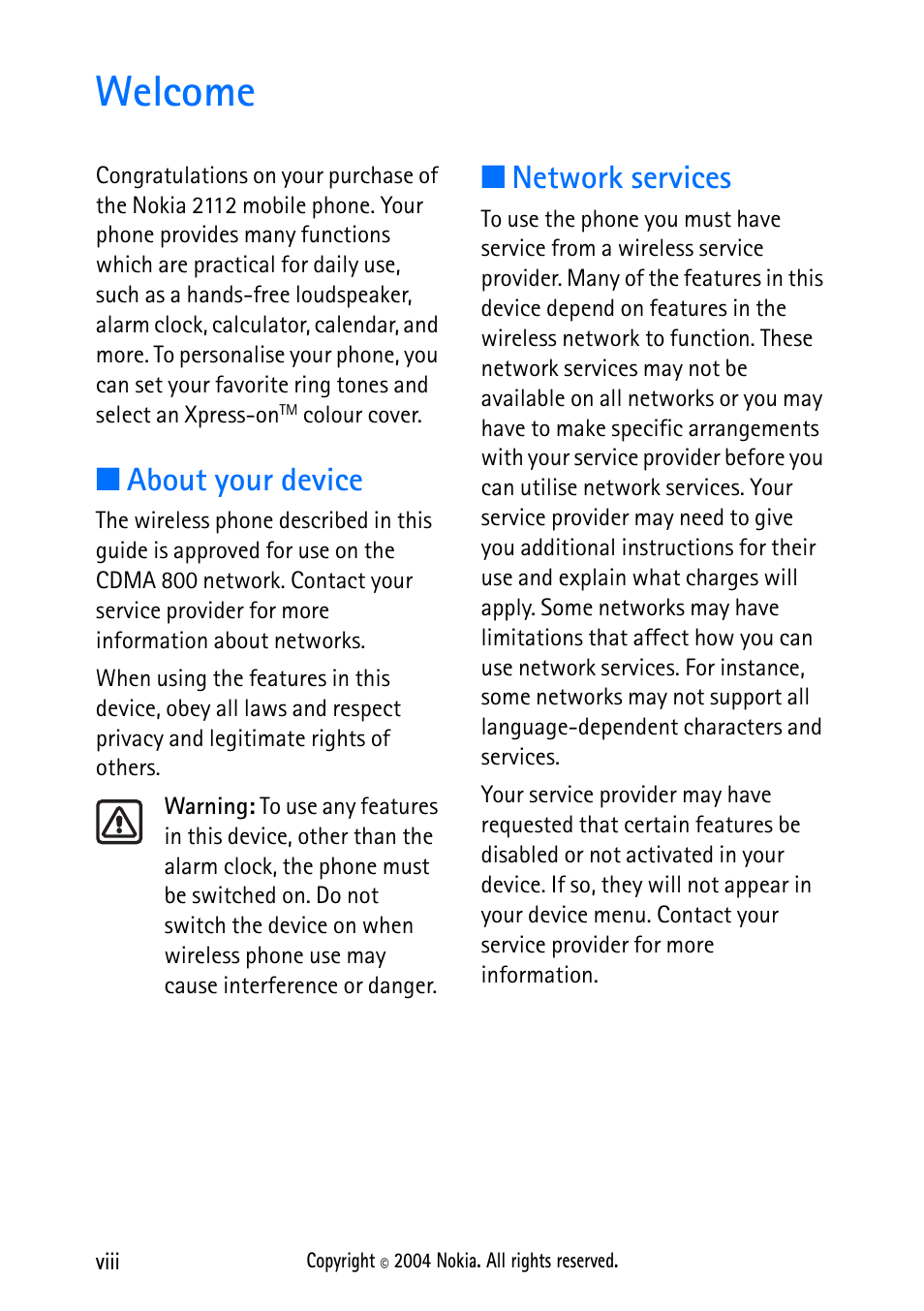Welcome, About your device, Network services | Welcome.................................... viii | Nokia 2112 User Manual | Page 8 / 78
