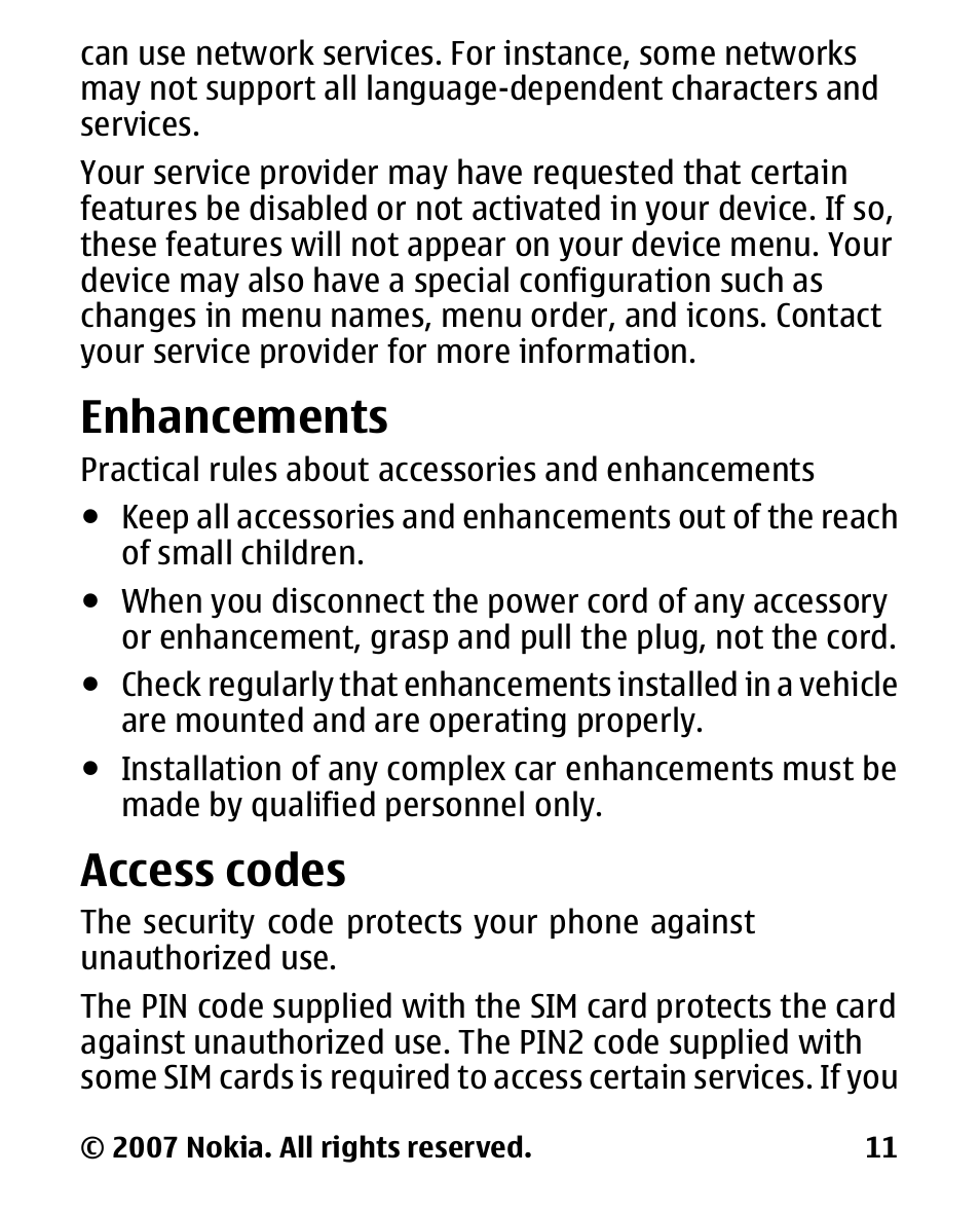 Enhancements, Access codes | Nokia 2600 User Manual | Page 12 / 66