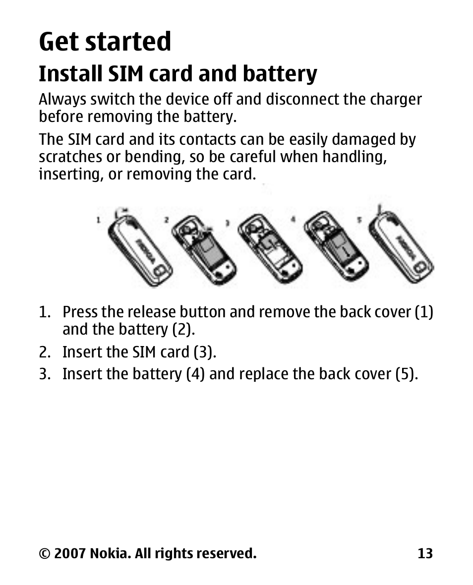 Get started, Install sim card and battery, Install sim card and | Battery | Nokia 2600 User Manual | Page 14 / 66