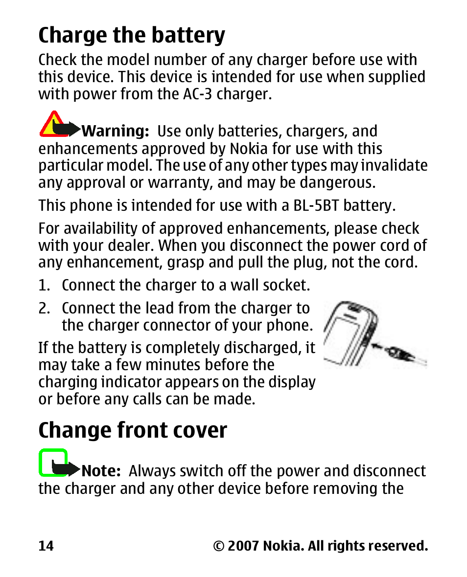 Charge the battery, Change front cover | Nokia 2600 User Manual | Page 15 / 66