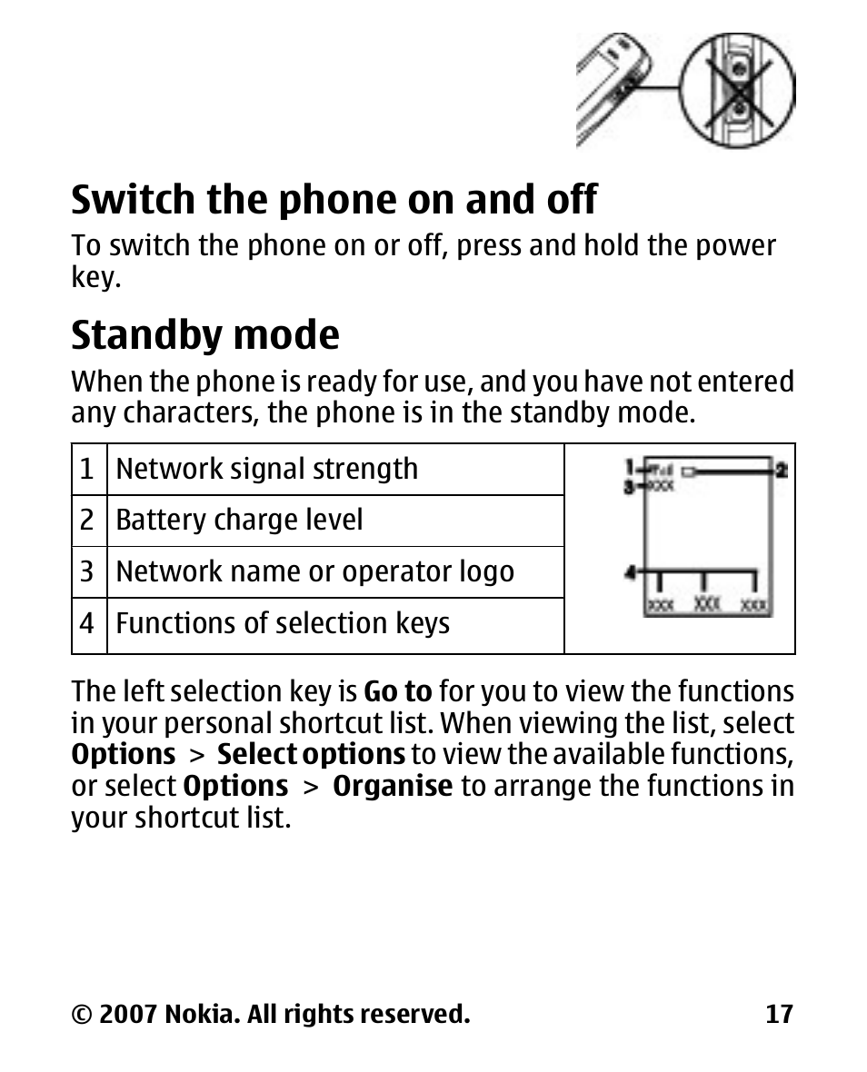 Switch the phone on and off, Standby mode, Switch the phone on and | Nokia 2600 User Manual | Page 18 / 66