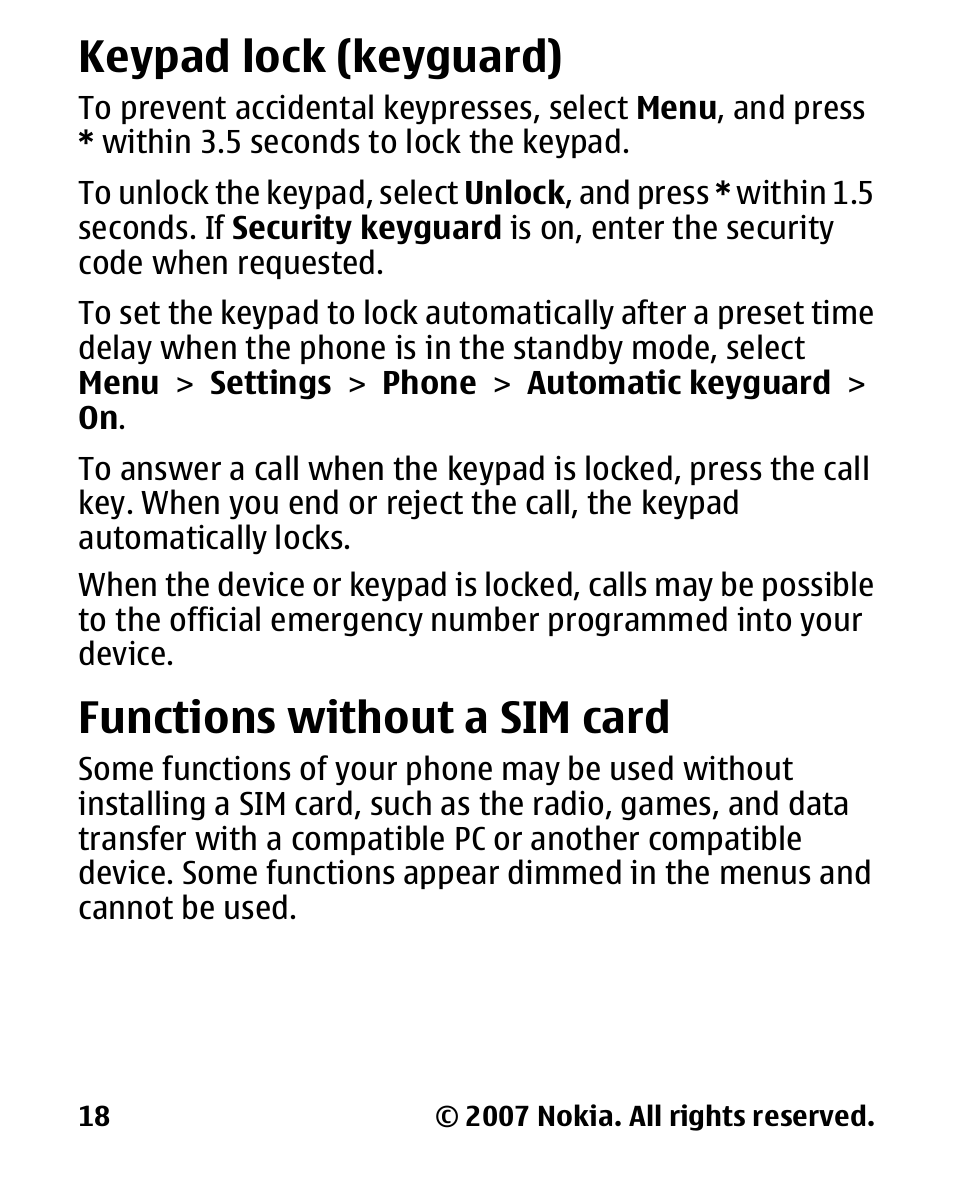 Keypad lock (keyguard), Functions without a sim card, Keypad lock | Keyguard), Functions without a sim, Card | Nokia 2600 User Manual | Page 19 / 66