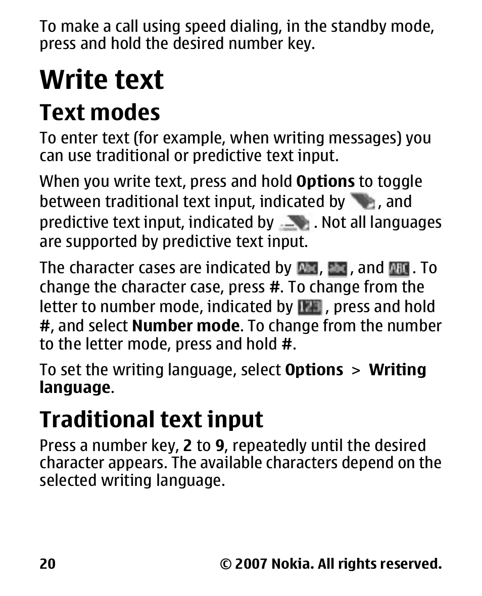 Write text, Text modes, Traditional text input | Traditional text, Input | Nokia 2600 User Manual | Page 21 / 66