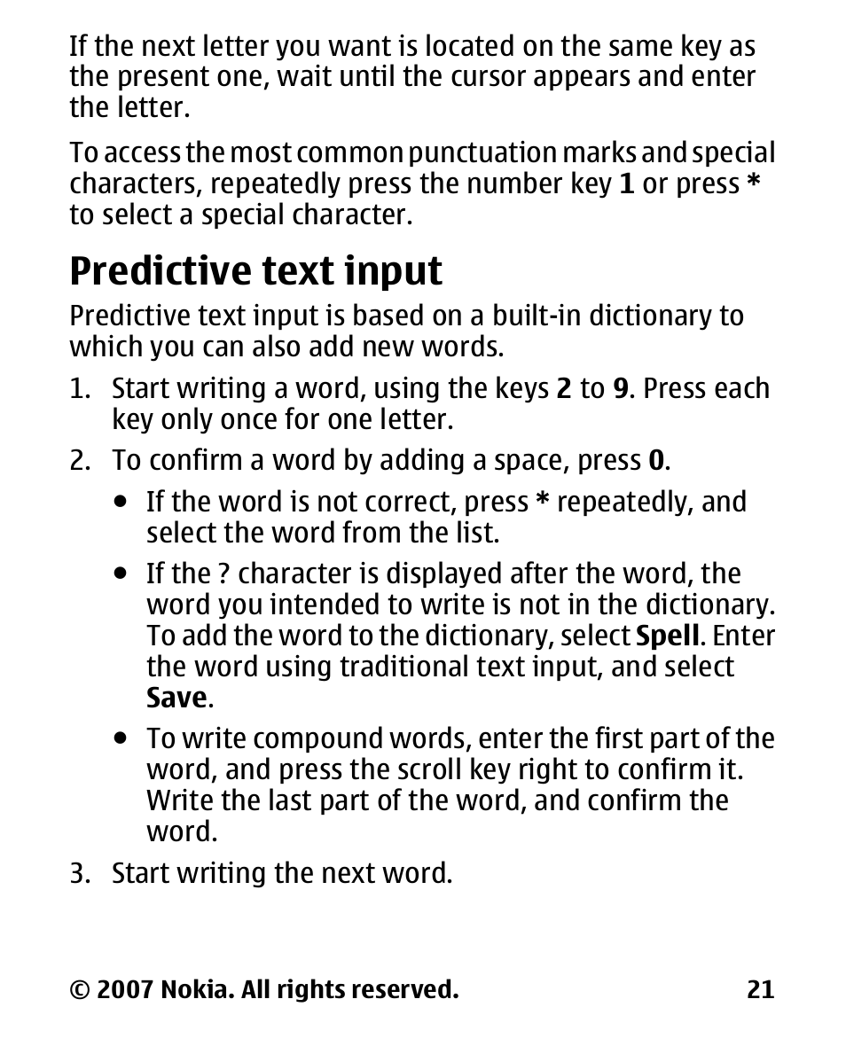 Predictive text input, Predictive text, Input | Nokia 2600 User Manual | Page 22 / 66