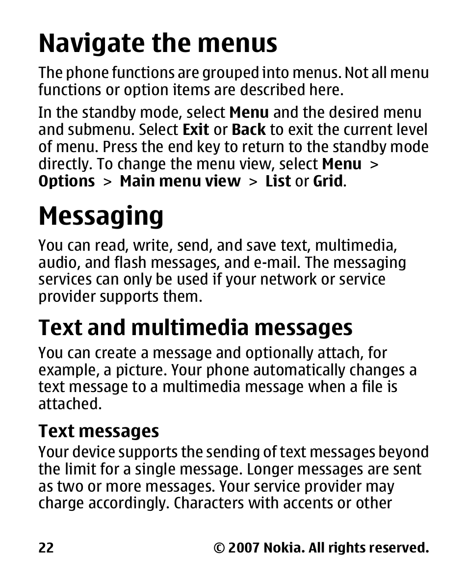 Navigate the menus, Messaging, Text and multimedia messages | Text messages, Navigate the, Menus messaging, Text and multimedia, Messages | Nokia 2600 User Manual | Page 23 / 66