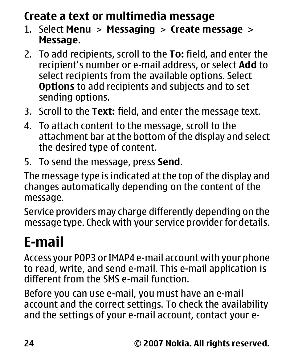 Create a text or multimedia message, E-mail, Create a text or | Multimedia, Message | Nokia 2600 User Manual | Page 25 / 66