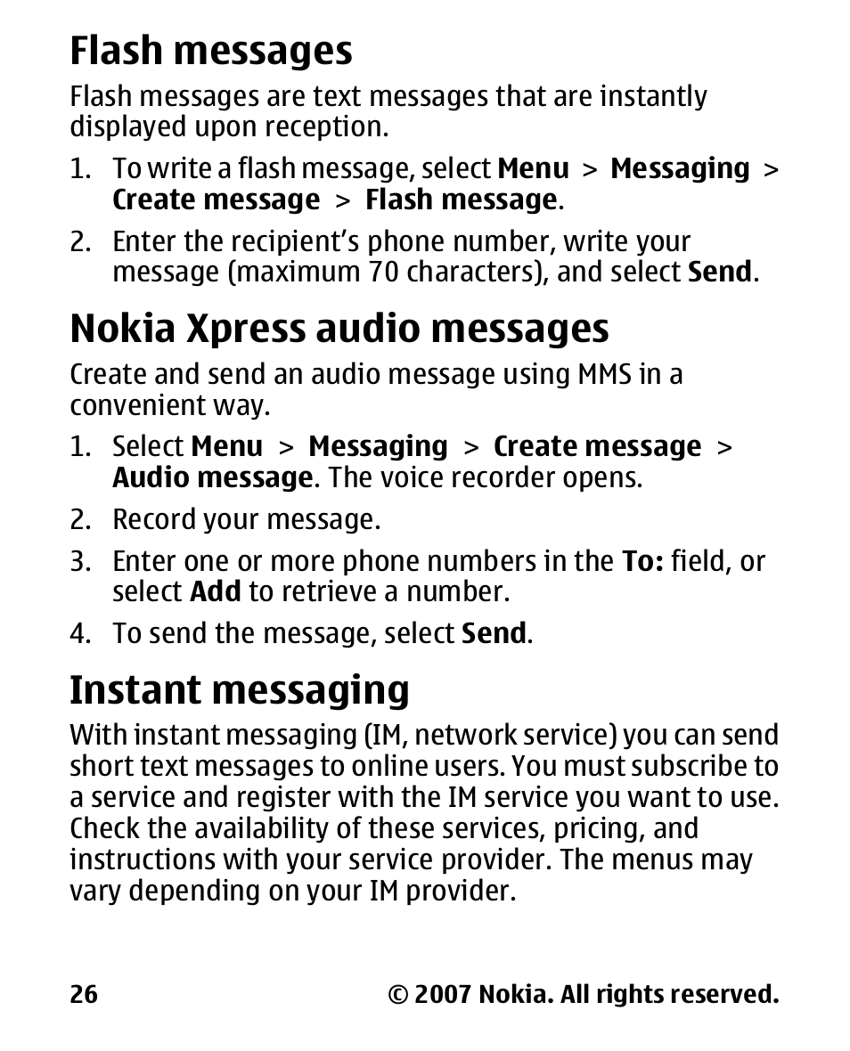 Flash messages, Nokia xpress audio messages, Instant messaging | Nokia xpress audio, Messages | Nokia 2600 User Manual | Page 27 / 66