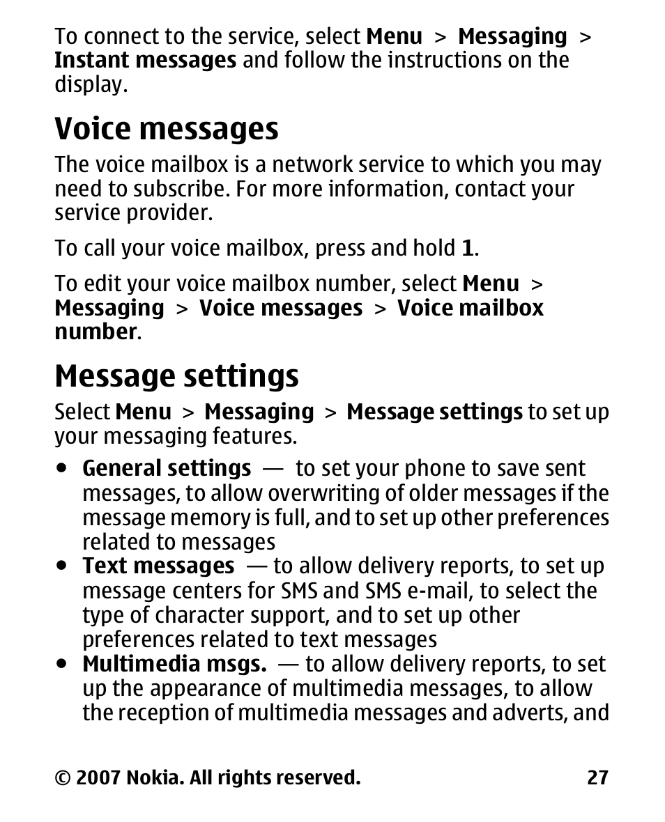 Voice messages, Message settings | Nokia 2600 User Manual | Page 28 / 66