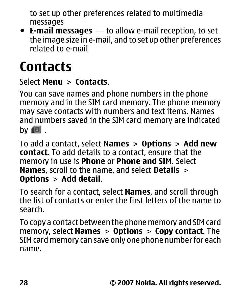 Contacts | Nokia 2600 User Manual | Page 29 / 66