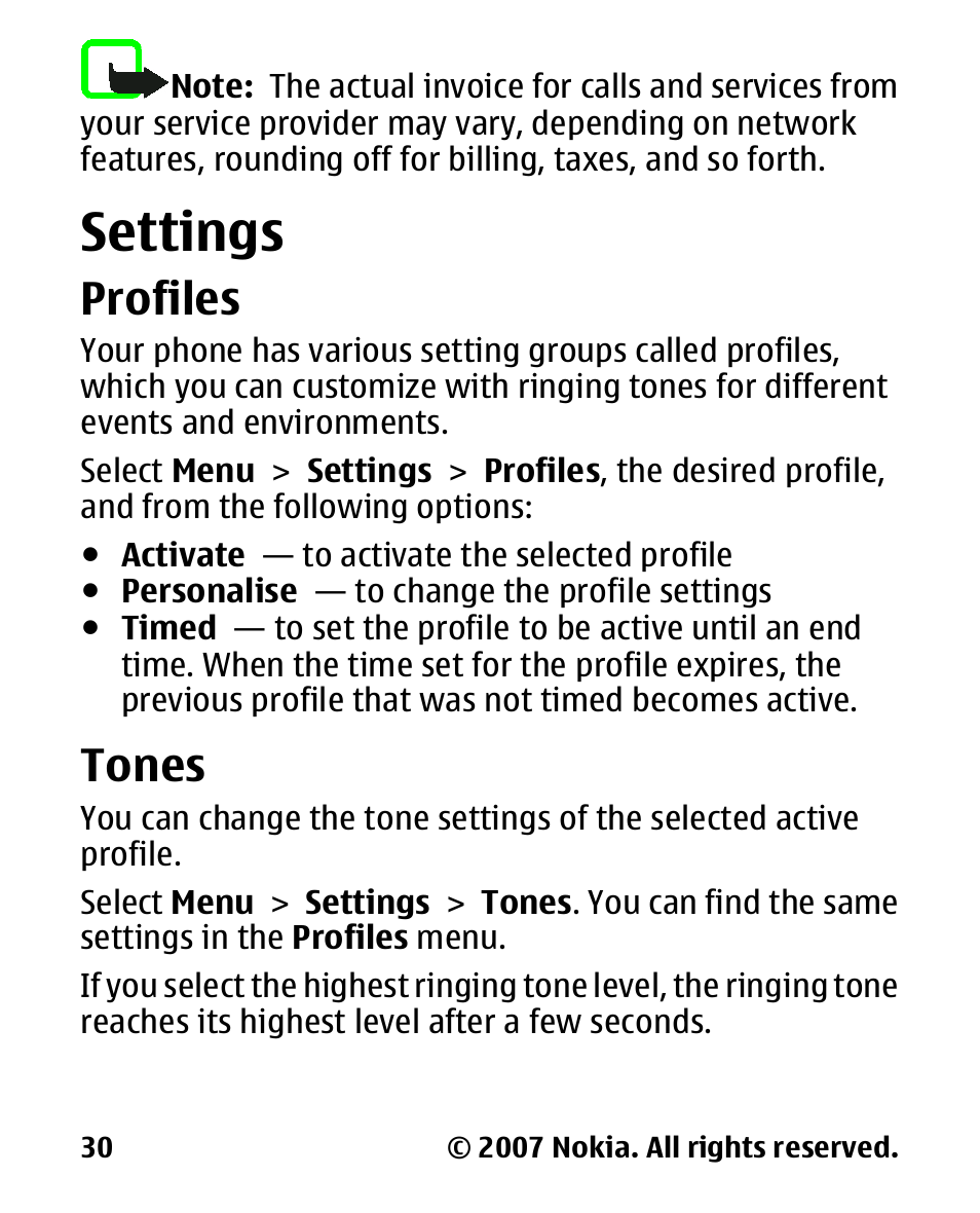 Settings, Profiles, Tones | Nokia 2600 User Manual | Page 31 / 66