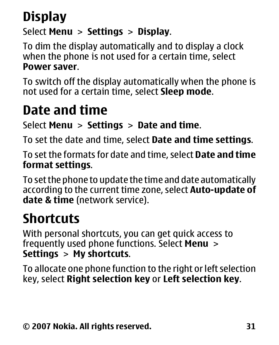 Display, Date and time, Shortcuts | Nokia 2600 User Manual | Page 32 / 66