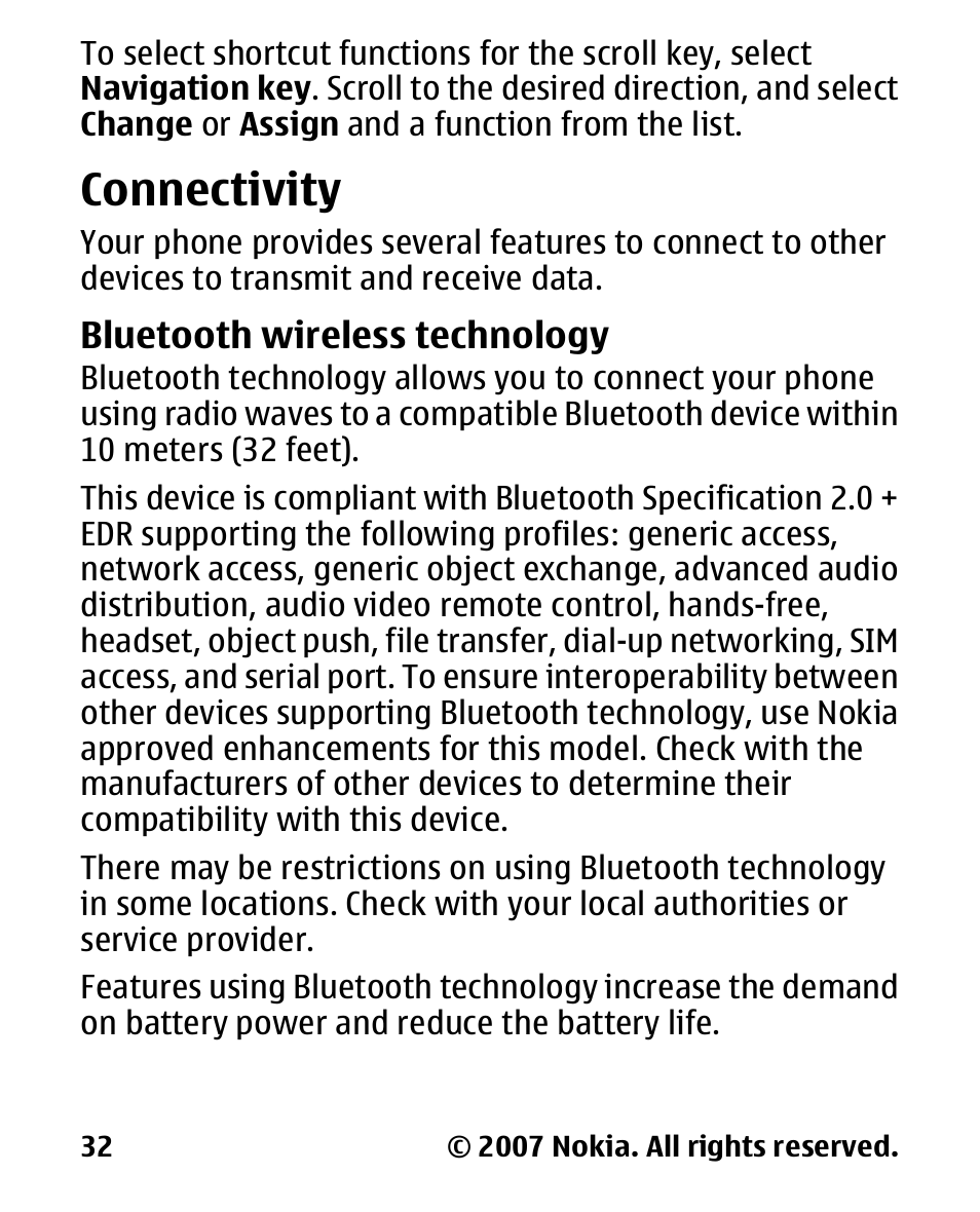 Connectivity, Bluetooth wireless technology, Bluetooth wireless | Technology | Nokia 2600 User Manual | Page 33 / 66