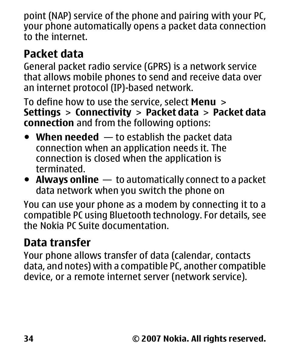 Packet data, Data transfer | Nokia 2600 User Manual | Page 35 / 66