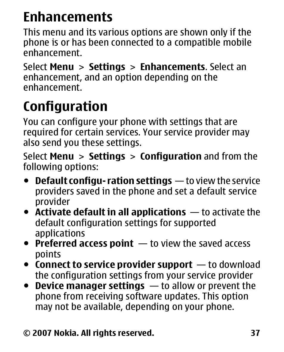 Enhancements, Configuration | Nokia 2600 User Manual | Page 38 / 66