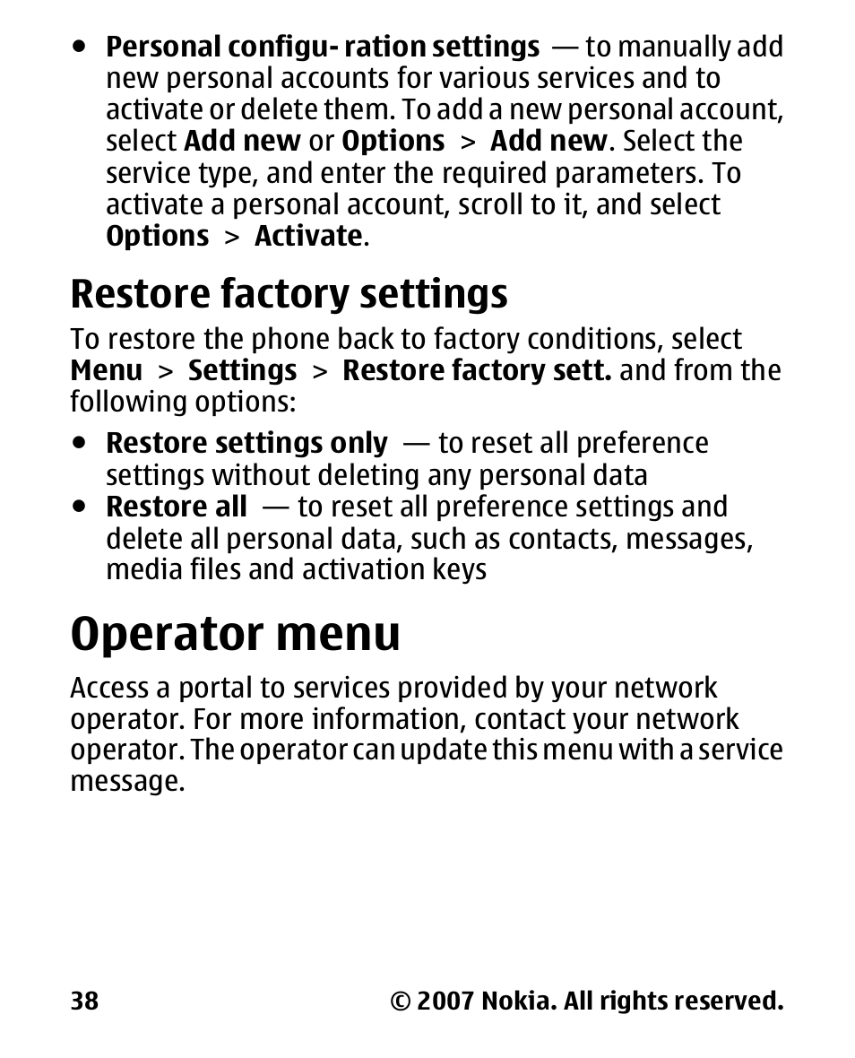 Restore factory settings, Operator menu, Restore factory | Settings, Operator, Menu | Nokia 2600 User Manual | Page 39 / 66