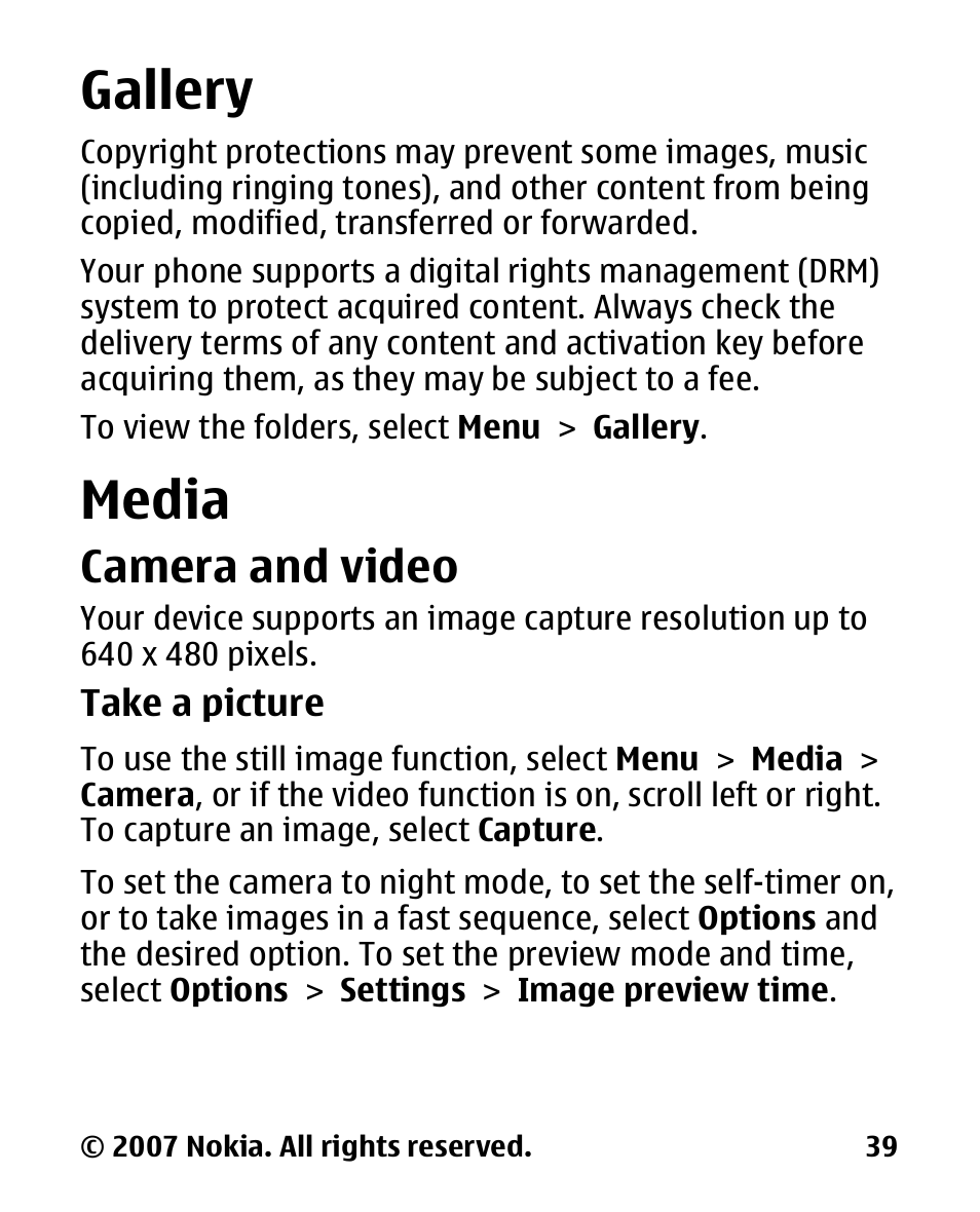 Gallery, Media, Camera and video | Gallery media | Nokia 2600 User Manual | Page 40 / 66