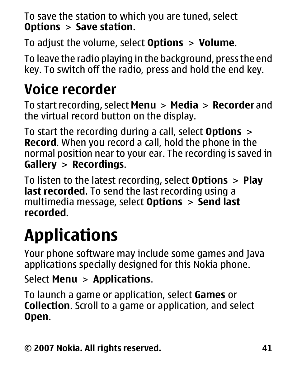 Voice recorder, Applications | Nokia 2600 User Manual | Page 42 / 66