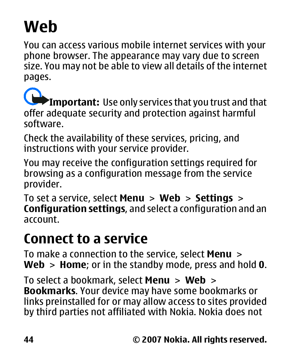 Connect to a service, Connect to a, Service | Nokia 2600 User Manual | Page 45 / 66