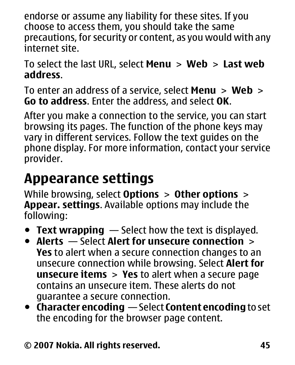 Appearance settings, Appearance, Settings | Nokia 2600 User Manual | Page 46 / 66