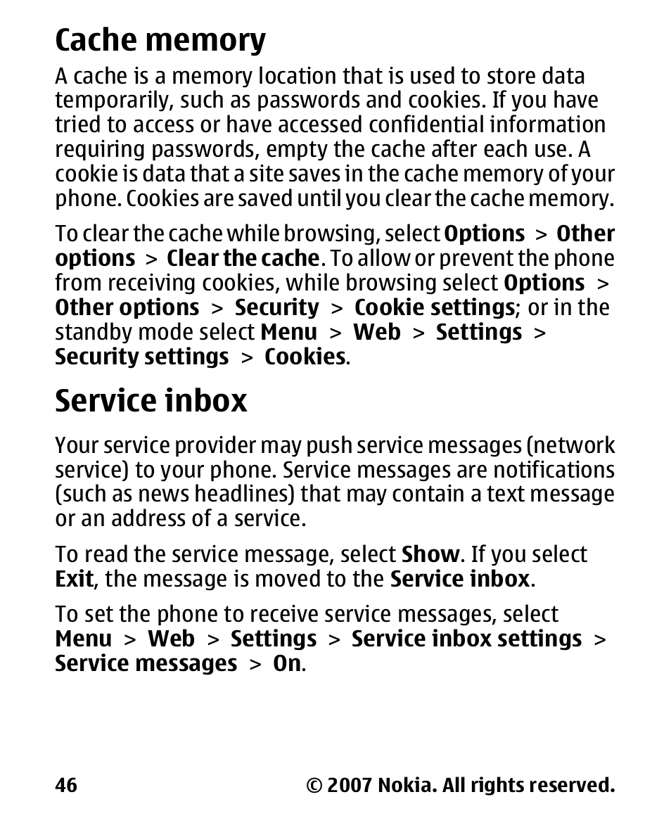 Cache memory, Service inbox | Nokia 2600 User Manual | Page 47 / 66