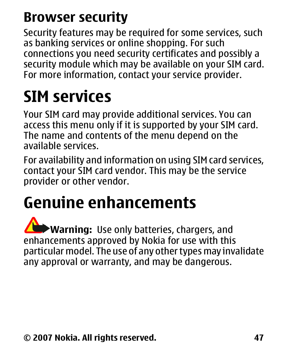 Browser security, Sim services, Genuine enhancements | Sim services genuine, Enhancements | Nokia 2600 User Manual | Page 48 / 66