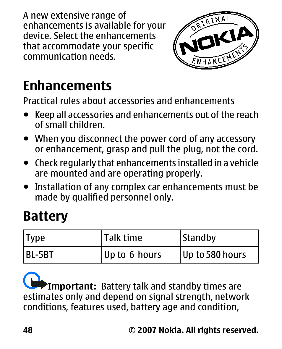 Enhancements, Battery | Nokia 2600 User Manual | Page 49 / 66
