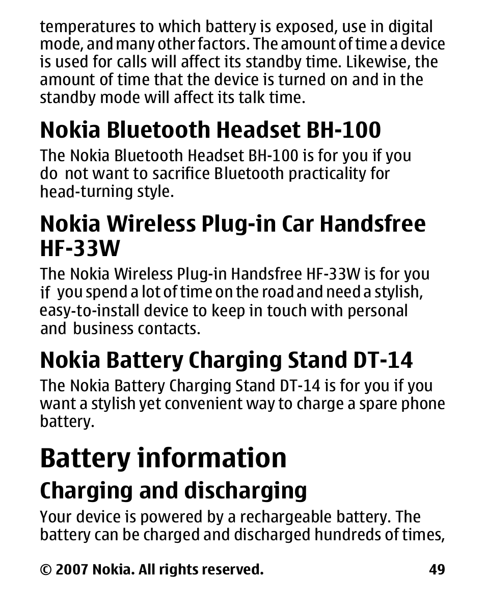 Nokia bluetooth headset bh-100, Nokia wireless plug-in car handsfree hf-33w, Nokia battery charging stand dt-14 | Battery information, Charging and discharging, Nokia bluetooth headset, Bh-100, Nokia wireless plug-in, Car handsfree, Hf-33w | Nokia 2600 User Manual | Page 50 / 66
