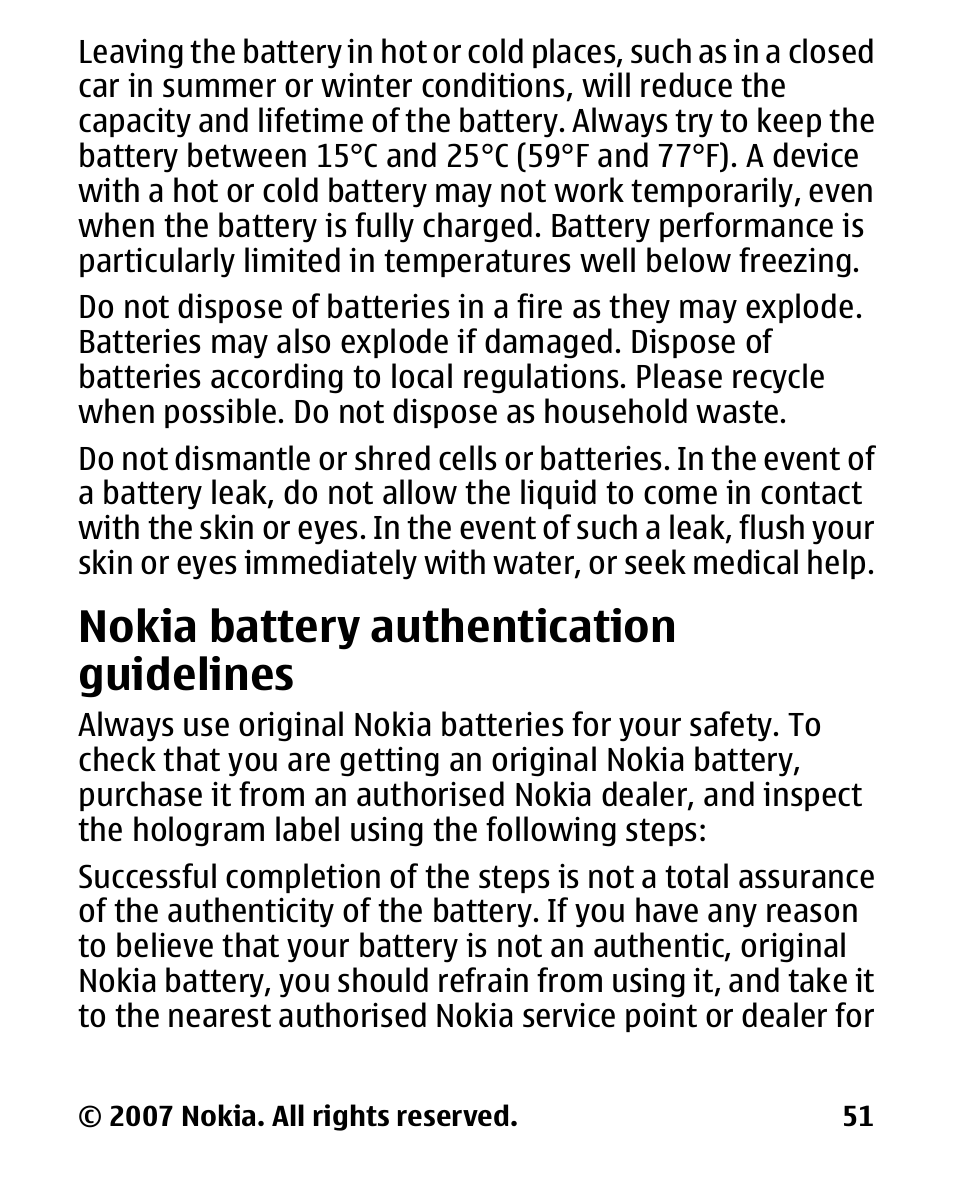 Nokia battery authentication guidelines, Nokia battery, Authentication | Guidelines | Nokia 2600 User Manual | Page 52 / 66