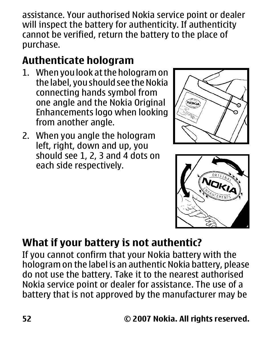 Authenticate hologram, What if your battery is not authentic, Authenticate | Hologram, What if your battery is, Not authentic | Nokia 2600 User Manual | Page 53 / 66