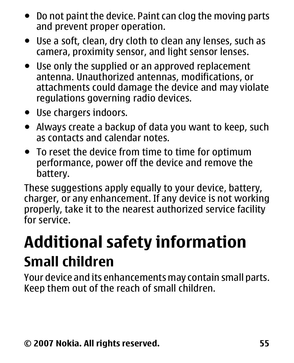 Additional safety information, Small children, Additional safety | Information | Nokia 2600 User Manual | Page 56 / 66