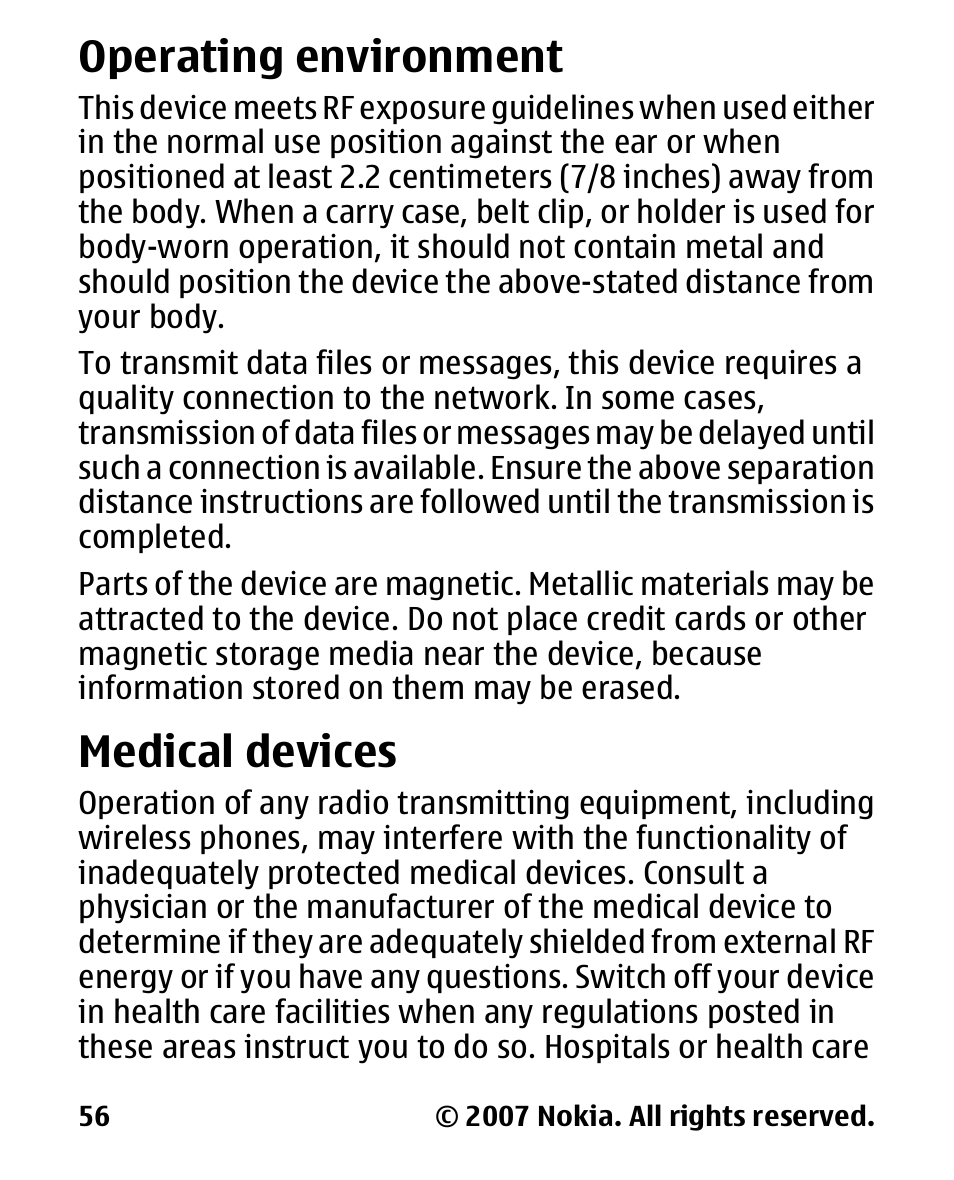 Operating environment, Medical devices, Operating | Environment | Nokia 2600 User Manual | Page 57 / 66