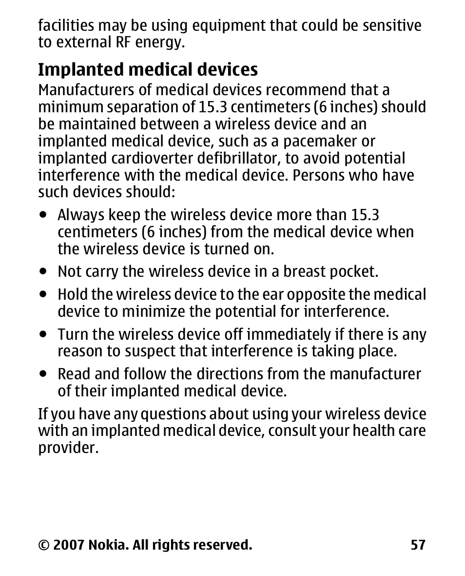 Implanted medical devices, Implanted medical, Devices | Nokia 2600 User Manual | Page 58 / 66