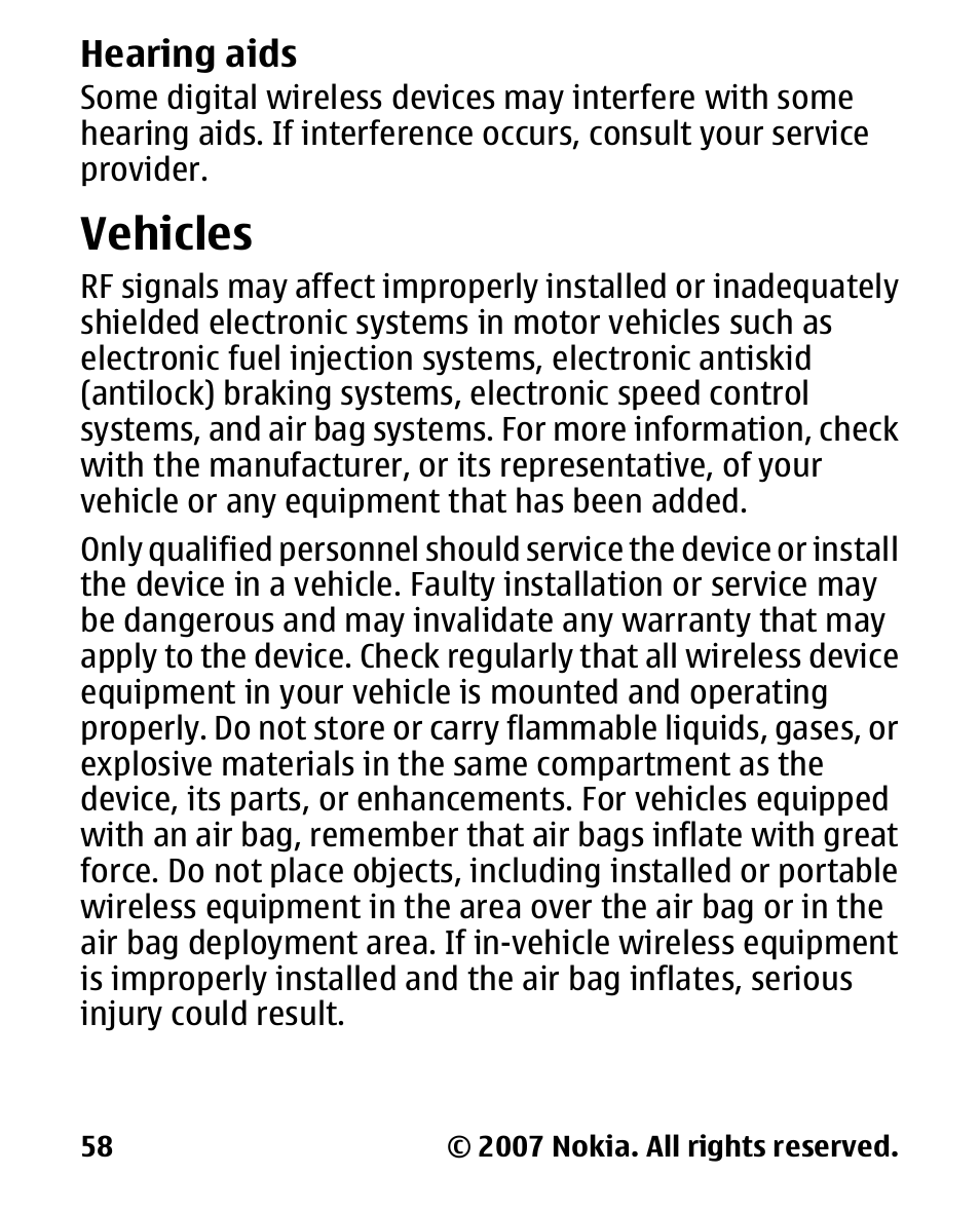 Hearing aids, Vehicles | Nokia 2600 User Manual | Page 59 / 66