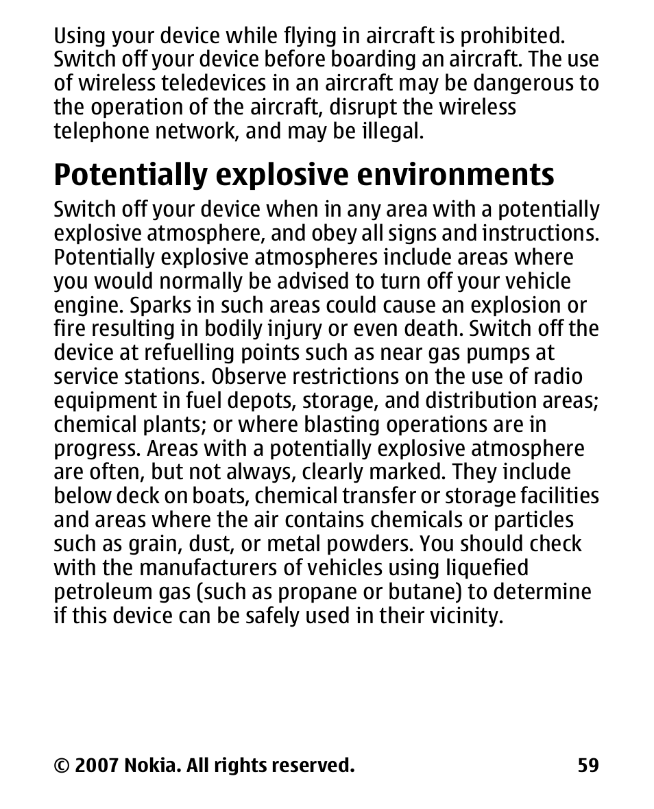 Potentially explosive environments, Potentially explosive, Environments | Nokia 2600 User Manual | Page 60 / 66