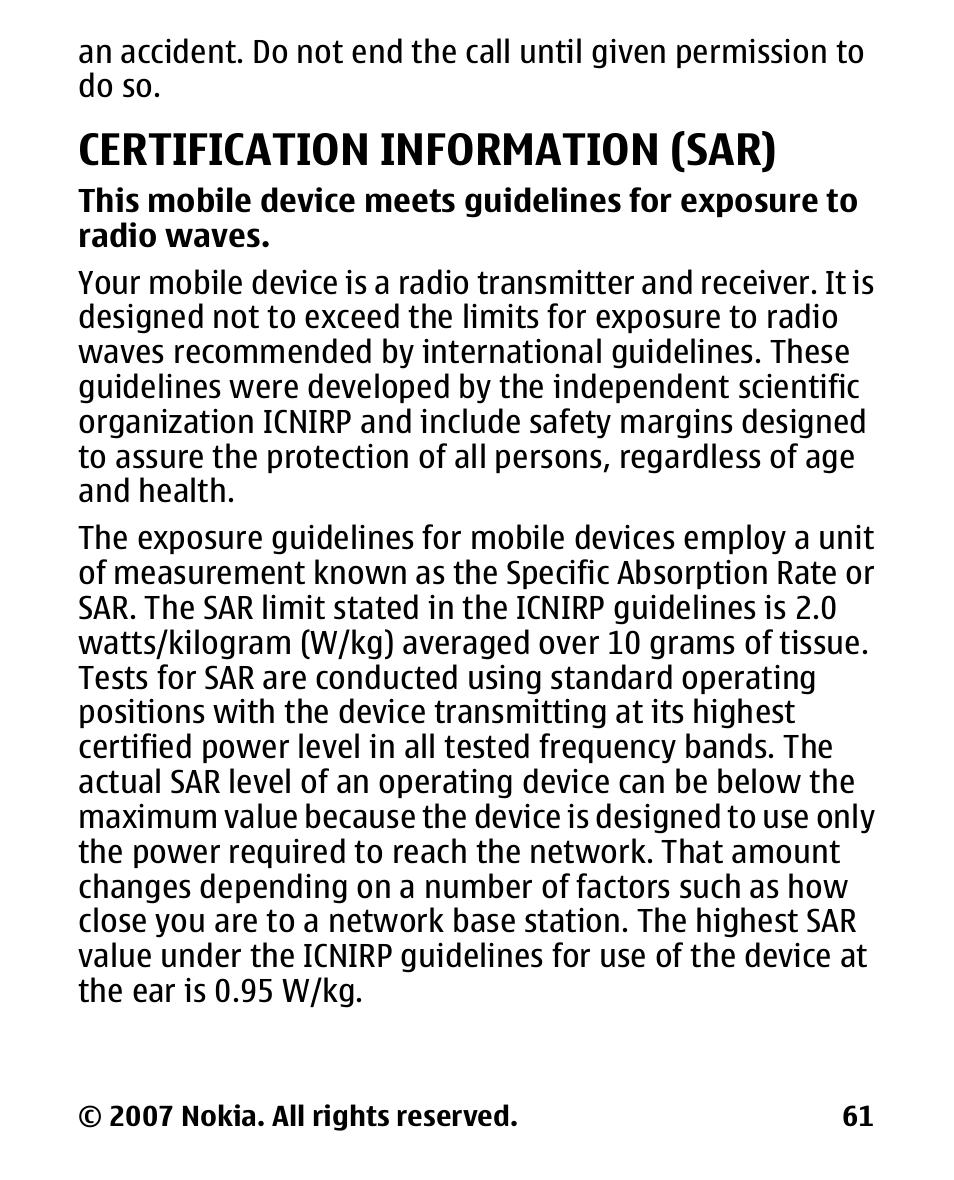 Certification information (sar), Certification, Information | Sar) | Nokia 2600 User Manual | Page 62 / 66