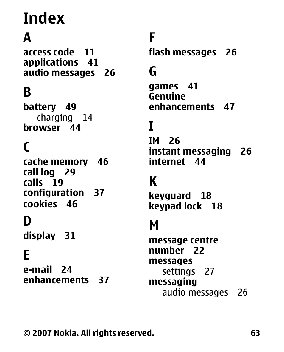 Index | Nokia 2600 User Manual | Page 64 / 66