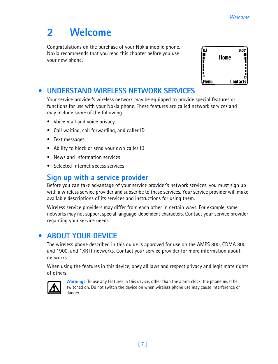 2 welcome, Understand wireless network services, About your device | Welcome, 2welcome, Sign up with a service provider | Nokia 3587i User Manual | Page 10 / 107