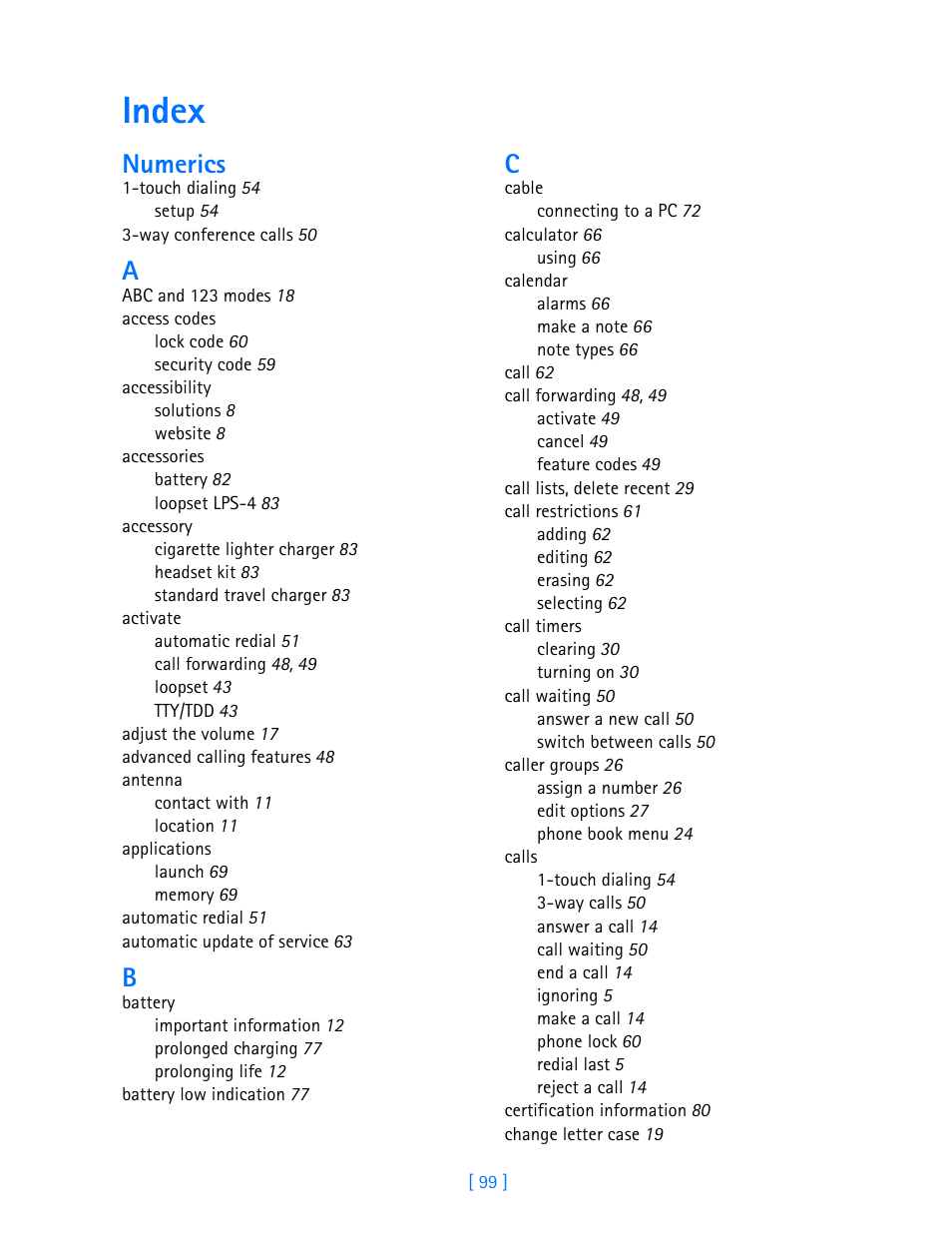 Index, Numerics | Nokia 3587i User Manual | Page 102 / 107