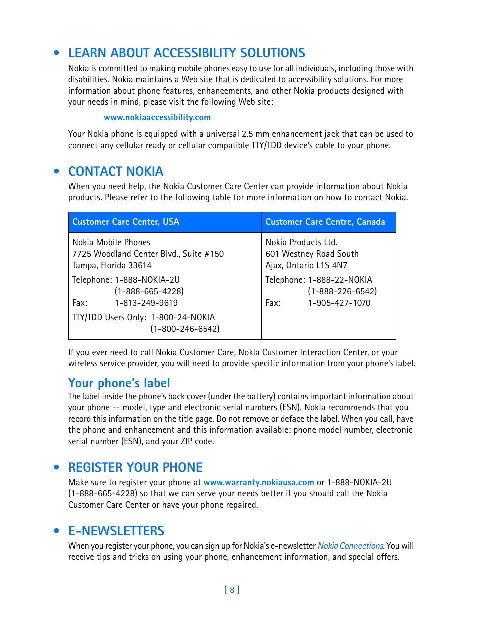 Learn about accessibility solutions, Contact nokia, Register your phone | E-newsletters, Your phone’s label | Nokia 3587i User Manual | Page 11 / 107