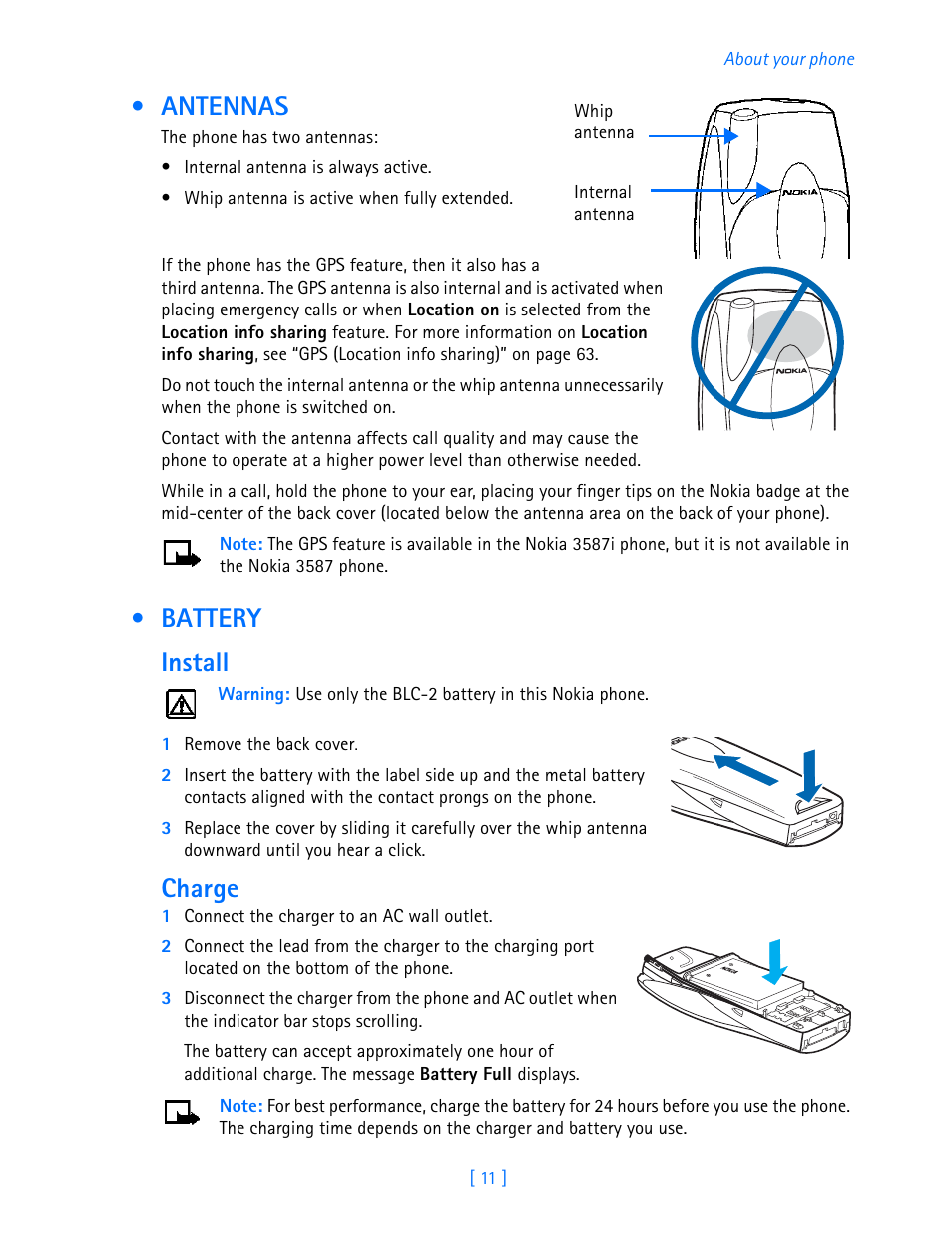 Antennas, Battery, Antennas battery | Battery install, Charge | Nokia 3587i User Manual | Page 14 / 107