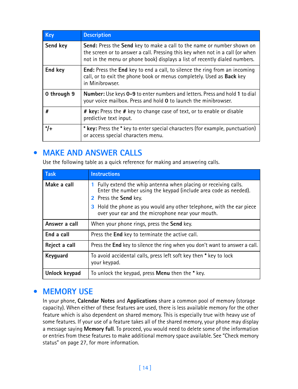 Make and answer calls, Memory use, Make and answer calls memory use | Nokia 3587i User Manual | Page 17 / 107