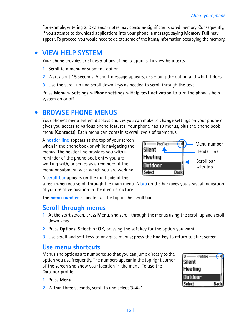 View help system, Browse phone menus, View help system browse phone menus | Scroll through menus, Use menu shortcuts | Nokia 3587i User Manual | Page 18 / 107