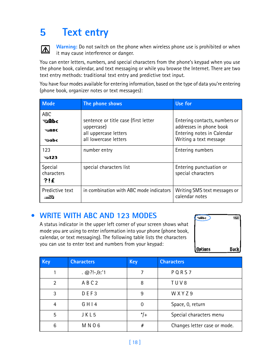 5 text entry, Write with abc and 123 modes, Text entry | 5text entry | Nokia 3587i User Manual | Page 21 / 107