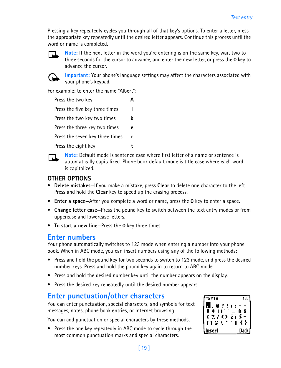 Enter numbers, Enter punctuation/other characters | Nokia 3587i User Manual | Page 22 / 107