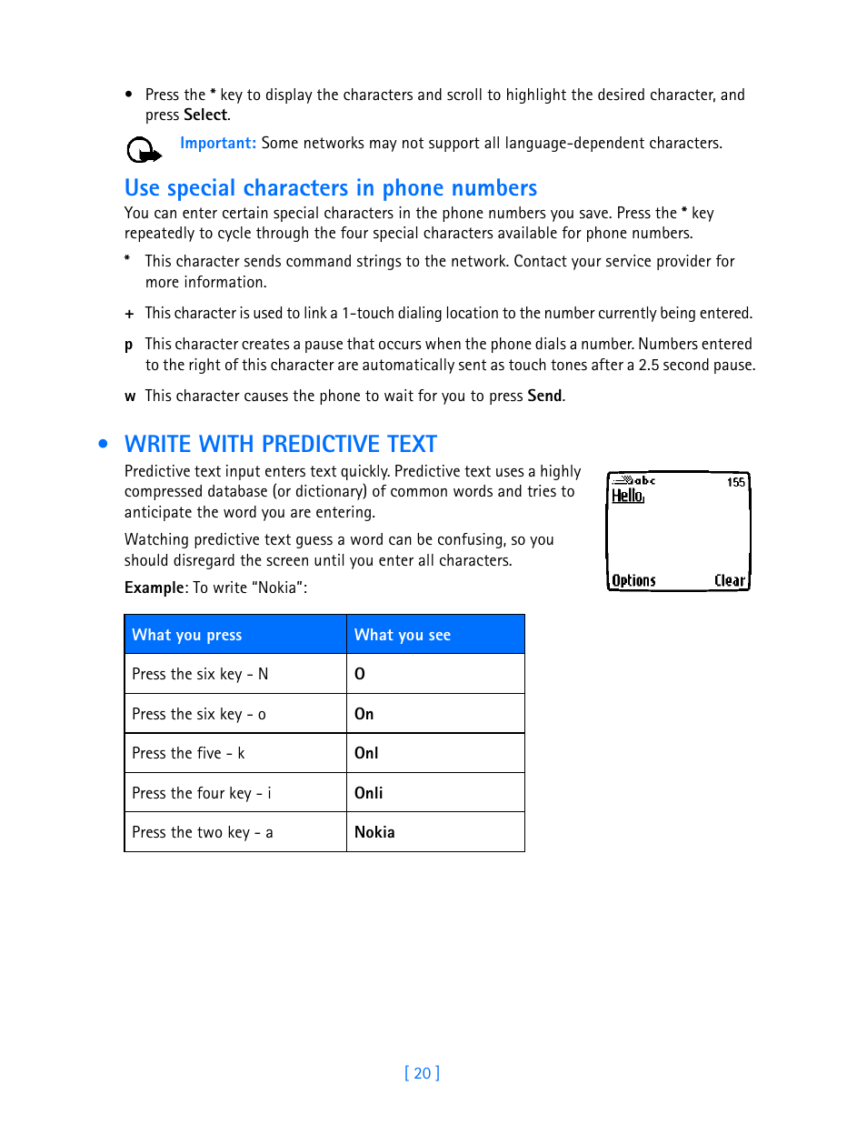 Write with predictive text, Use special characters in phone numbers | Nokia 3587i User Manual | Page 23 / 107