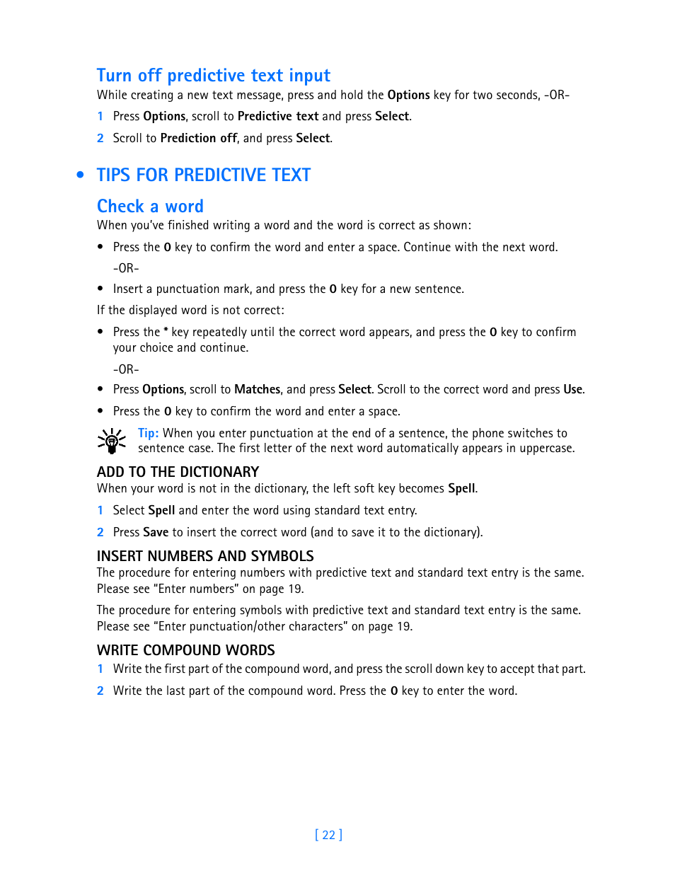 Tips for predictive text, Turn off predictive text input, Tips for predictive text check a word | Nokia 3587i User Manual | Page 25 / 107