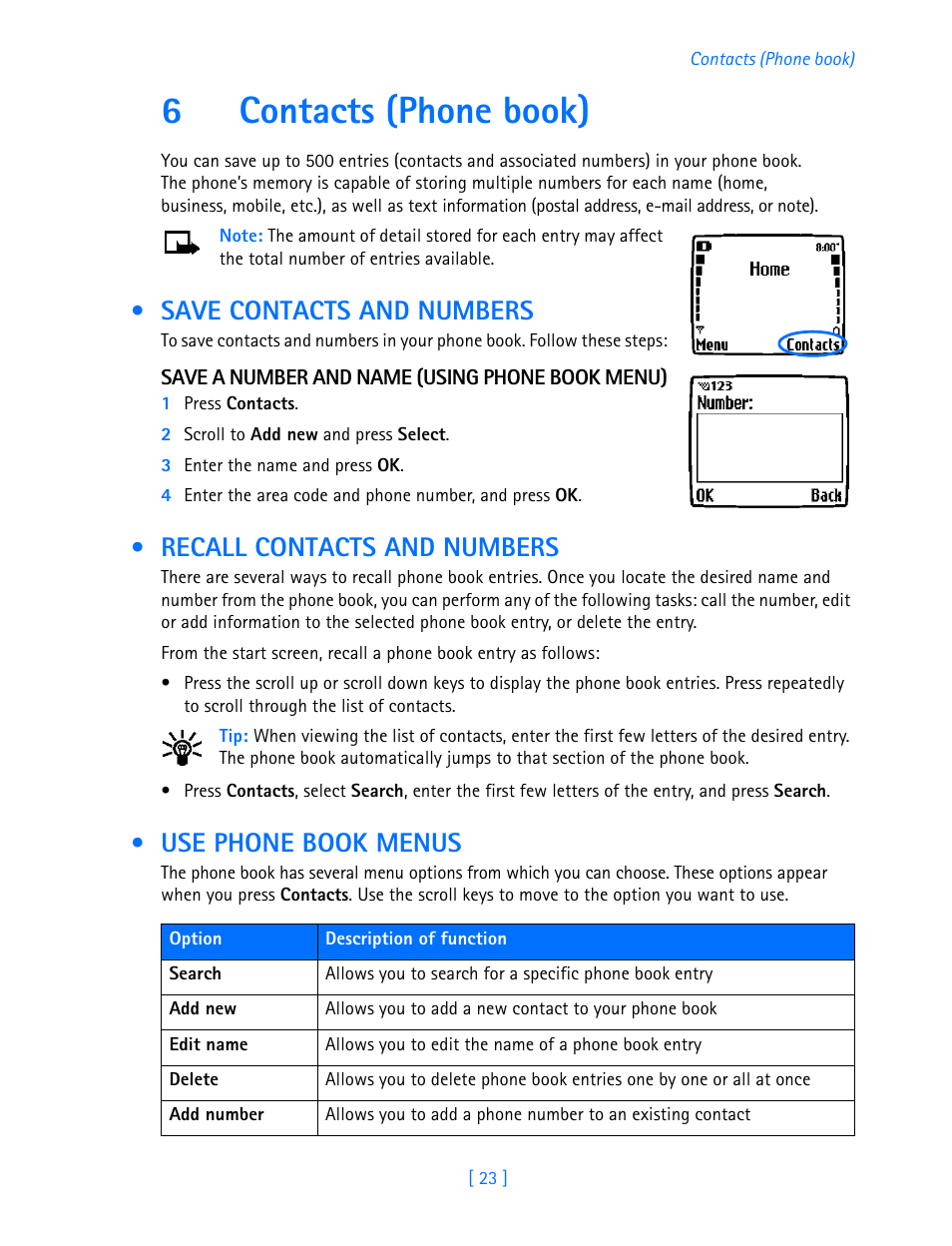 6 contacts (phone book), Save contacts and numbers, Recall contacts and numbers | Use phone book menus, Contacts (phone book), 6contacts (phone book) | Nokia 3587i User Manual | Page 26 / 107