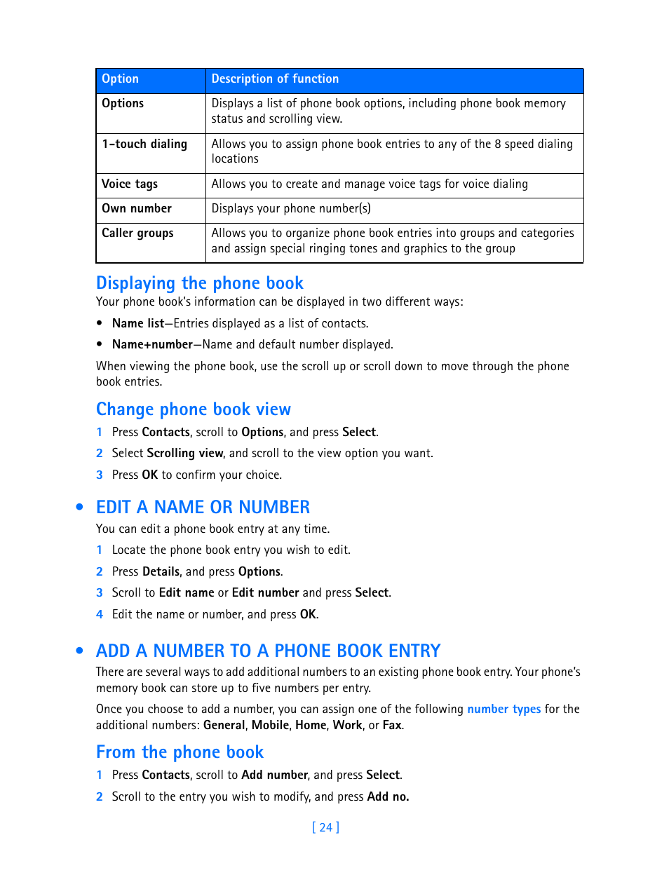 Edit a name or number, Add a number to a phone book entry, Displaying the phone book | Change phone book view | Nokia 3587i User Manual | Page 27 / 107