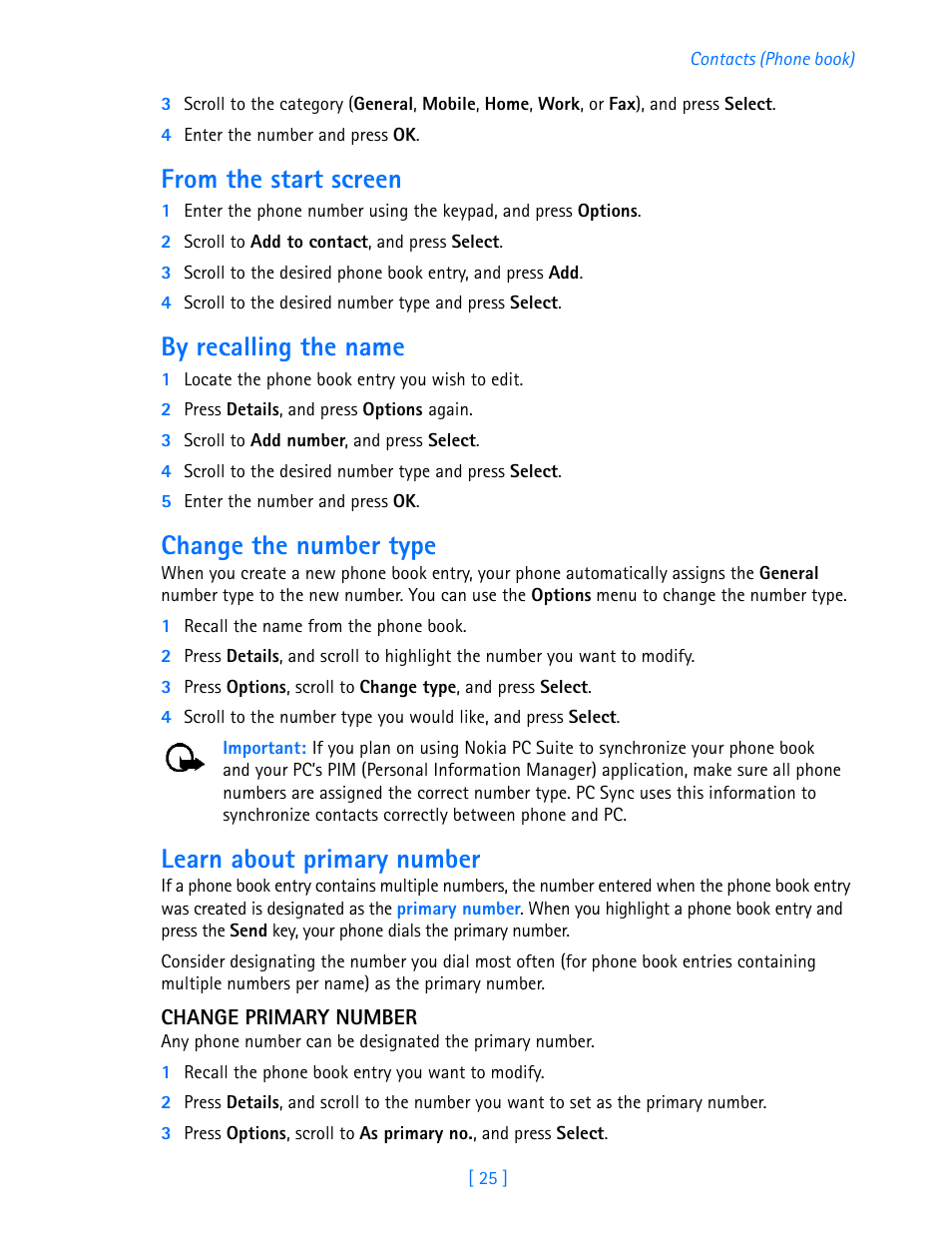 By recalling the name, Change the number type, Learn about primary number | Nokia 3587i User Manual | Page 28 / 107