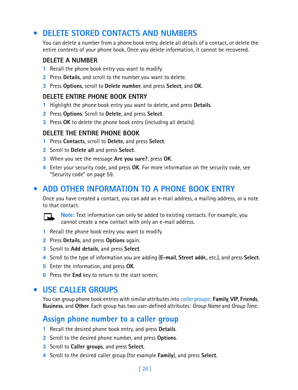 Delete stored contacts and numbers, Add other information to a phone book entry, Use caller groups | Entry, Assign phone number to a caller group | Nokia 3587i User Manual | Page 29 / 107